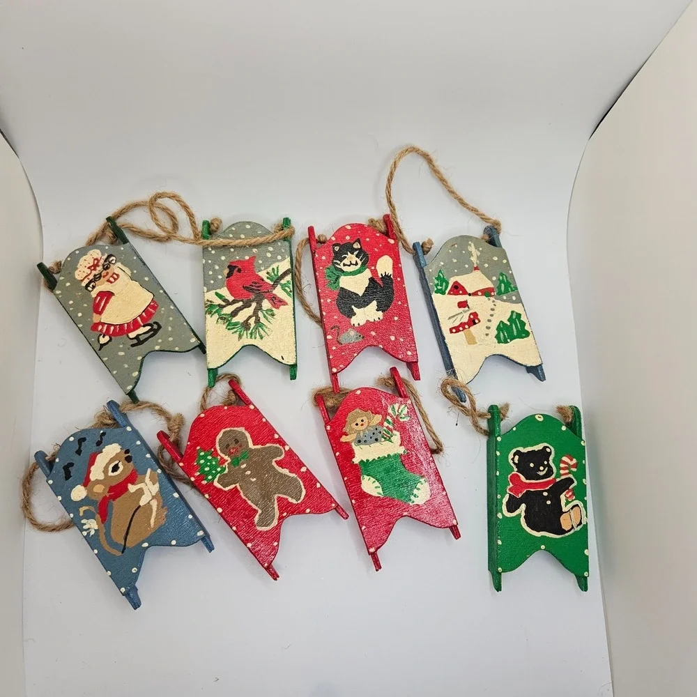 Vintage Hand Painted Wooden Sled Ornaments Lot of‎ 8 – Mini Christmas Sleds